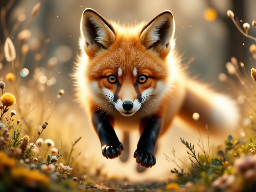 Baby Fox Leaping in Sunlit Meadow