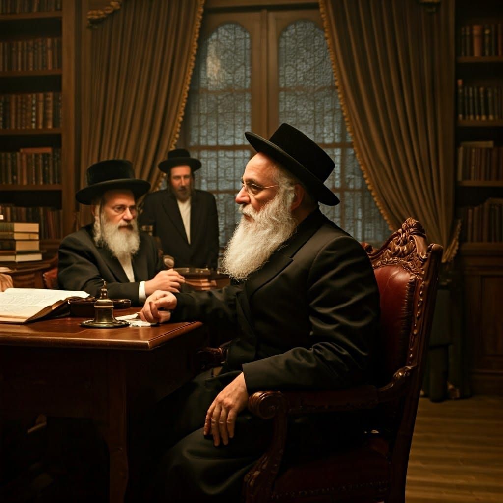 Rabbi and Hasidic Jews in Ornate Study