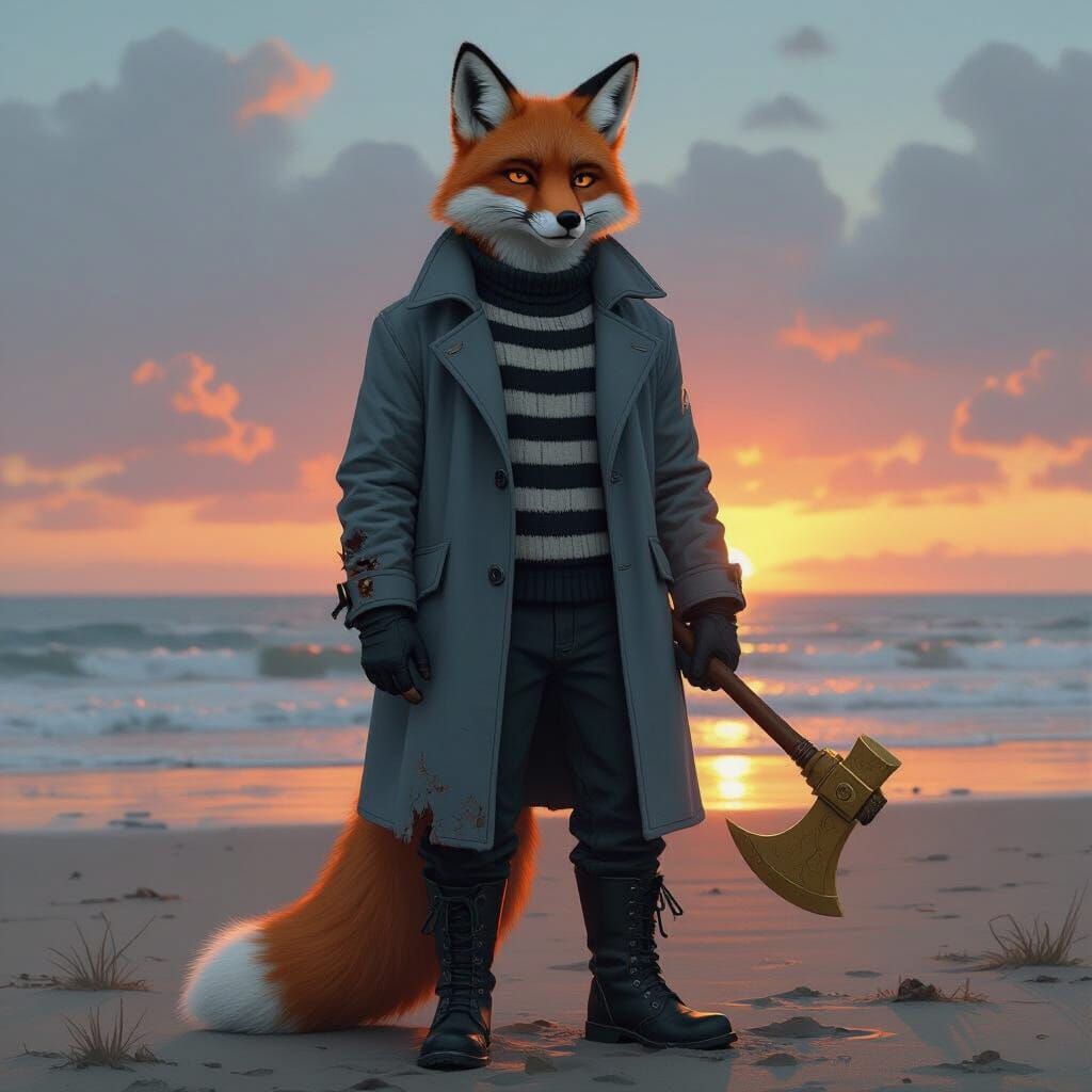 Humanoid Fox in Overcoat with Raised Mustache at Sunrise