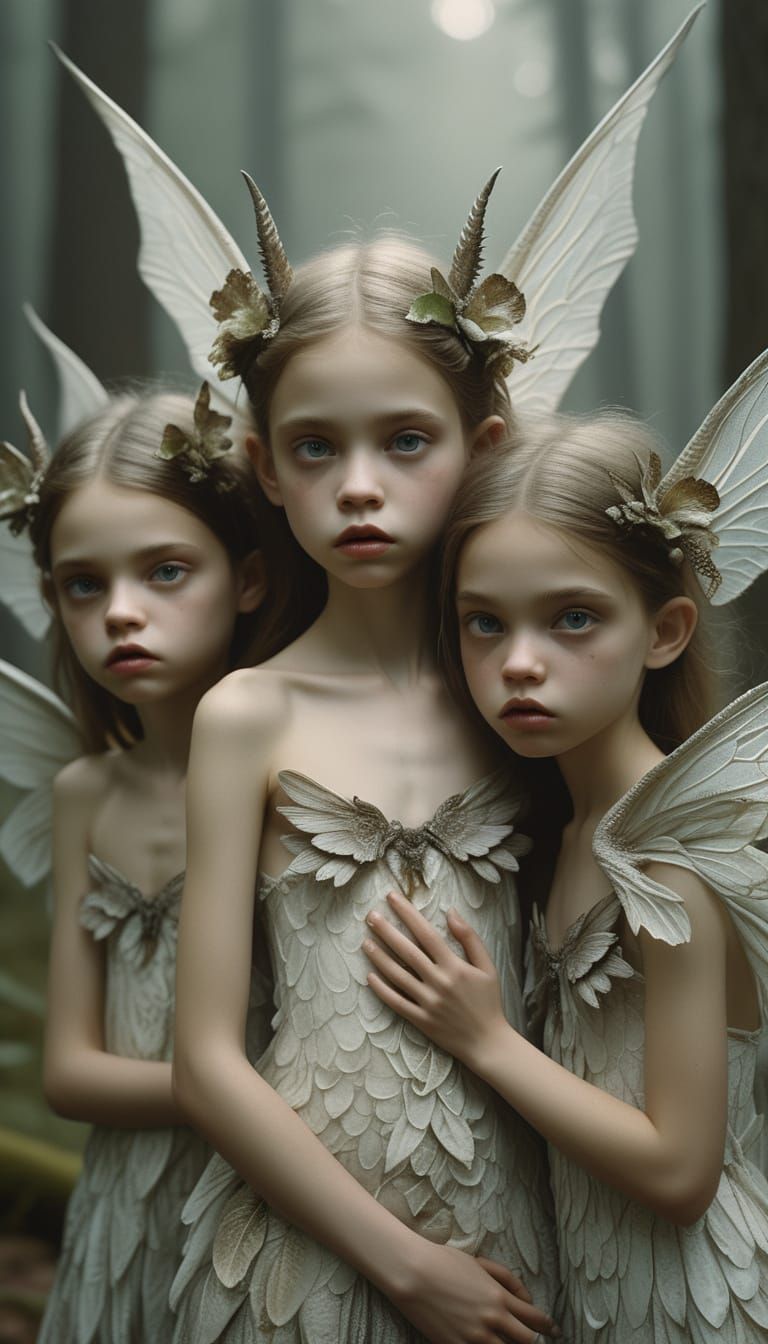 Three Delicate Fae with Sad Features in Forest