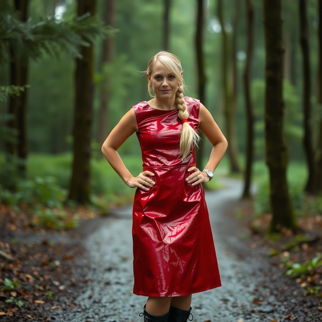 Blonde Woman in Red Dress in Rainy Forest