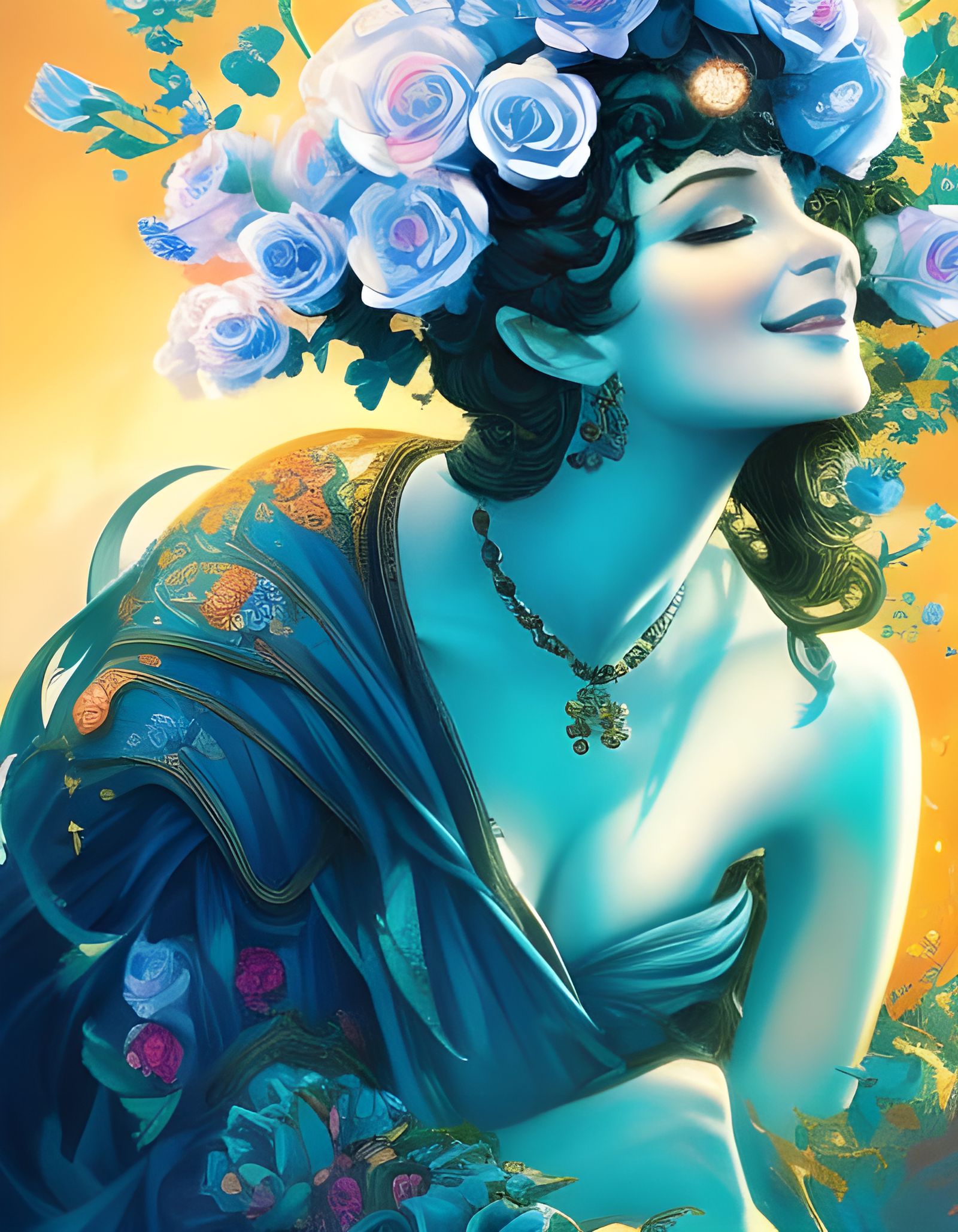 Goddess Hel on Throne with Blue Roses