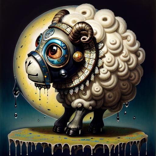 Surrealist Lamb in Rich Colors with Gas Mask