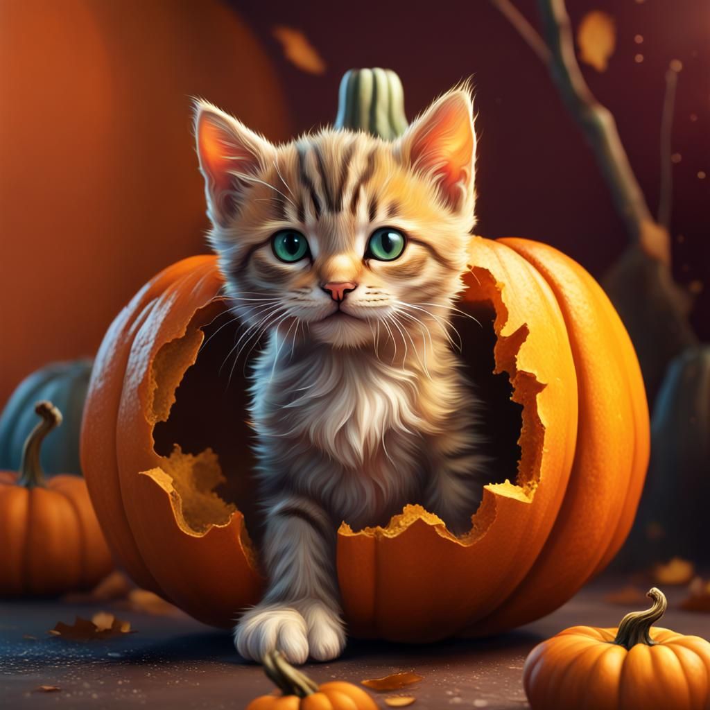 Hyperrealistic Kitten Inside a Pumpkin