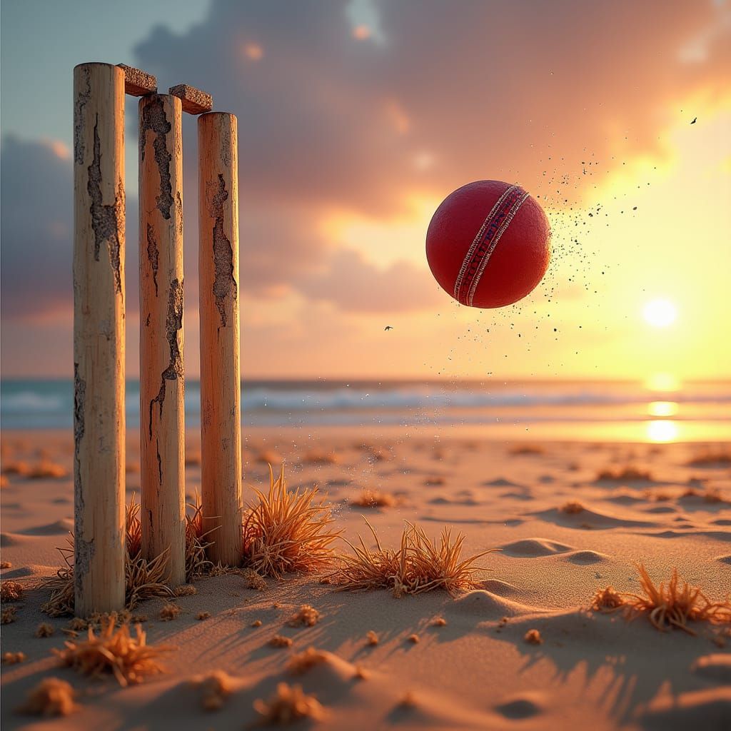 Cricket Ball Soars on Beach at Sunset