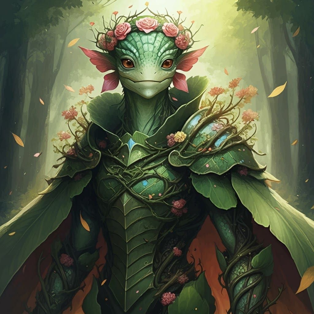 Emerald Plant Creature with Floral Cape and Armor