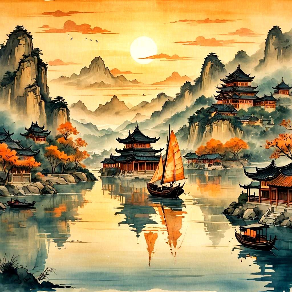 Chinese Sailboat Sunset: Watercolor and Woodcut Style