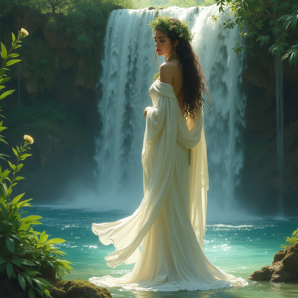 Ethereal Goddess Amidst Lush Foliage and Waterfall