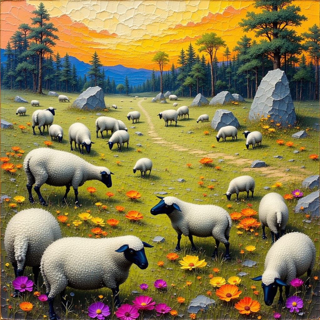 Surreal Sheep Grazing Field in Neo-Cubist Style