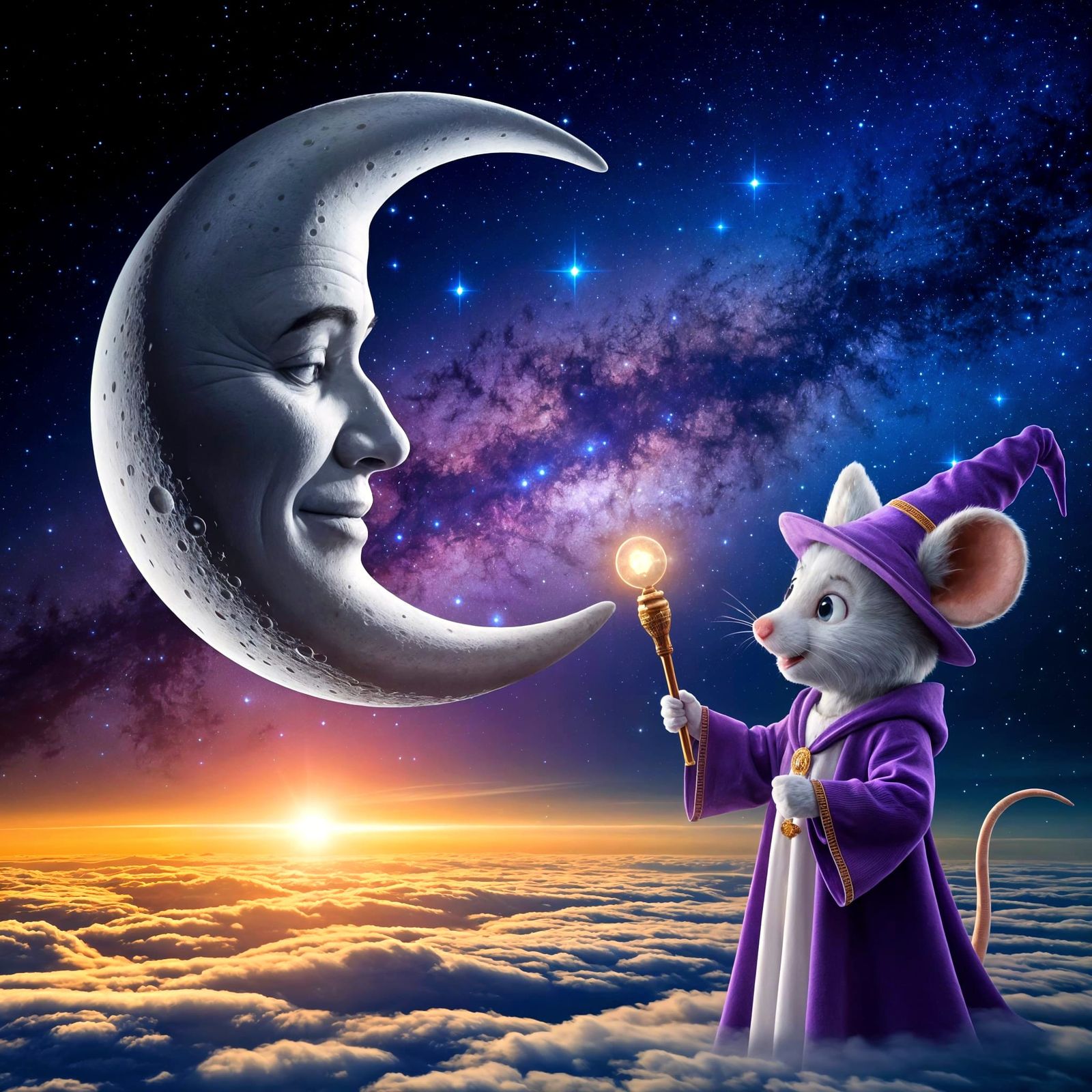 Cosmic Wisdom: Moon Teaches Mouse Wizard