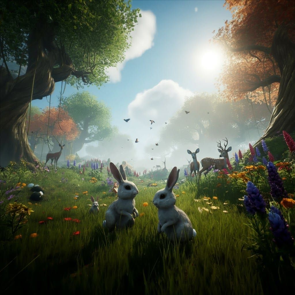 Joyful Animals Frolicking in Lush Meadow, Digital Matte Pain...