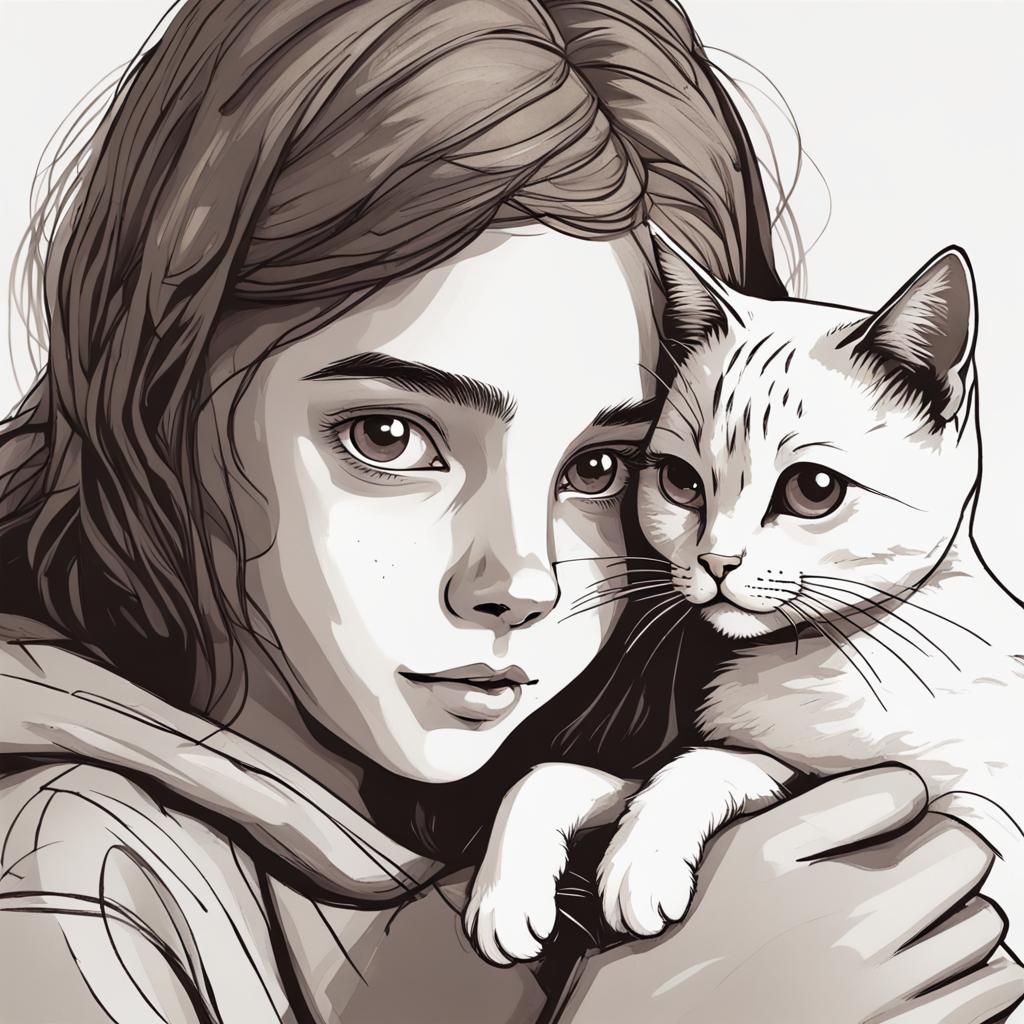 Girl with Cat Ears and Cat, Digital Art