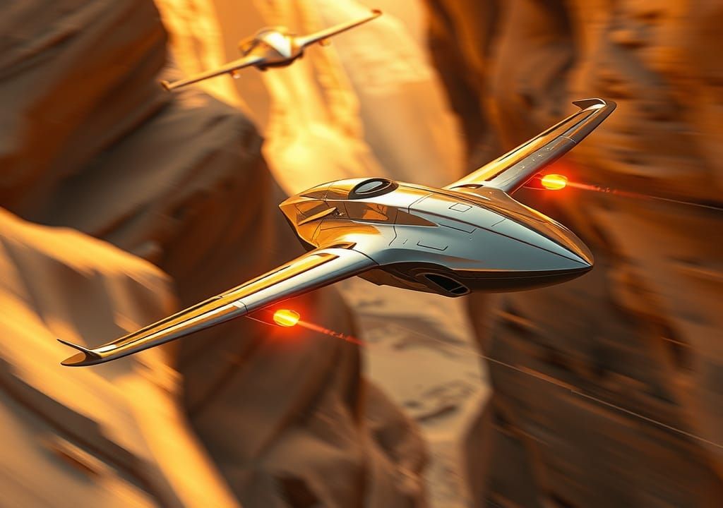 Futuristic Drones Speeding Through Desert Canyon
