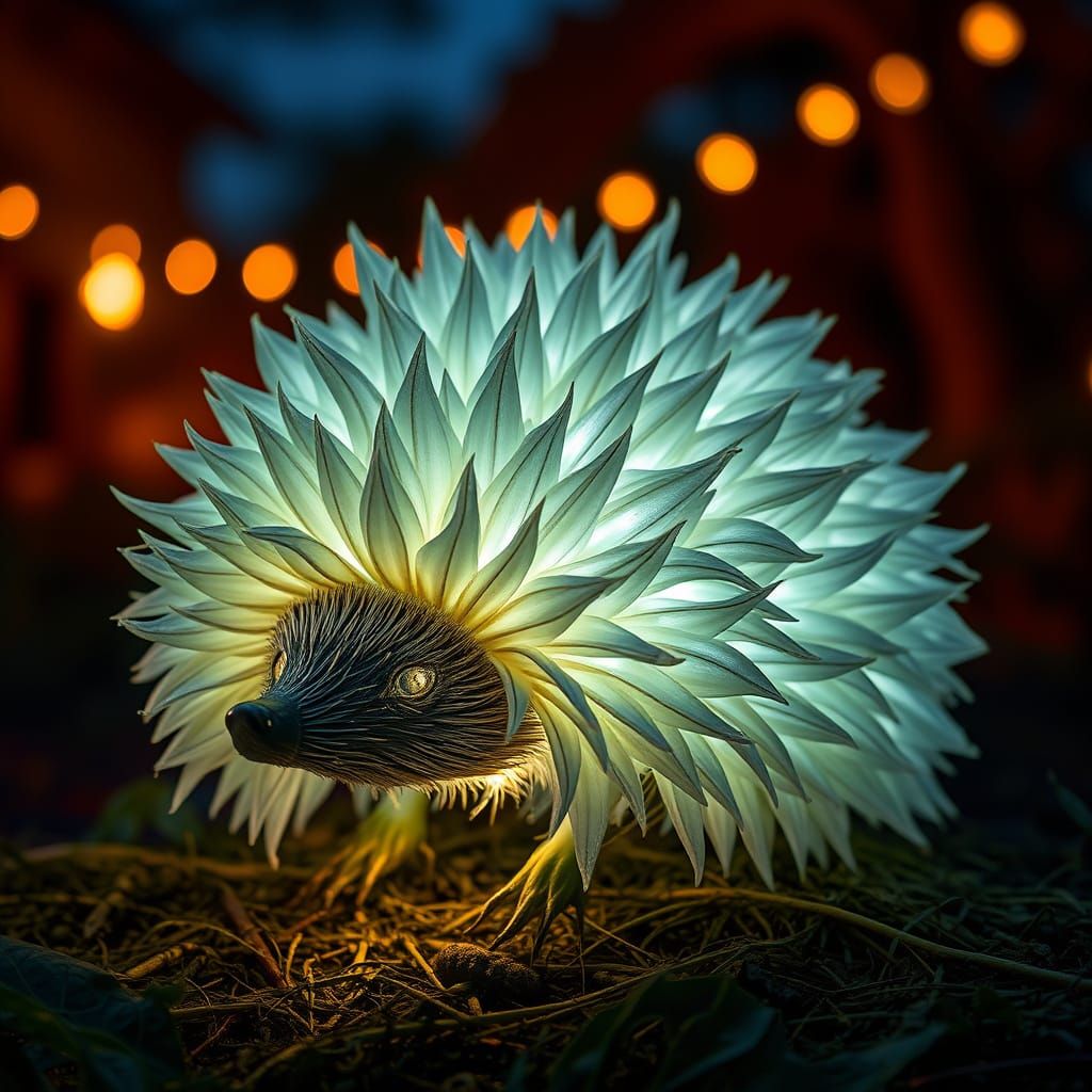 Snow hedgehog made of tropical leaves, a summer night. trans...