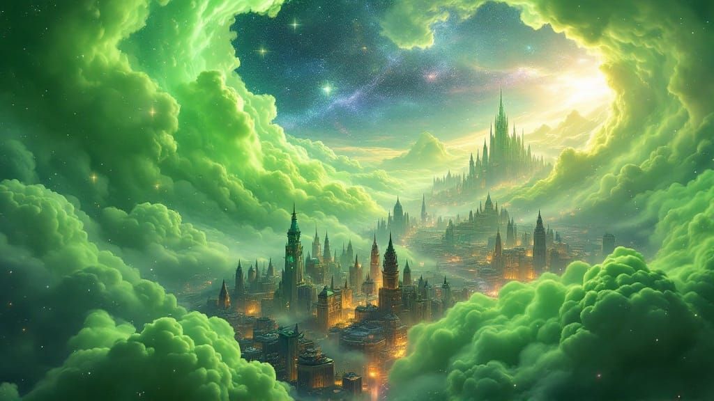 Ethereal Metropolis in Vibrant Green Clouds