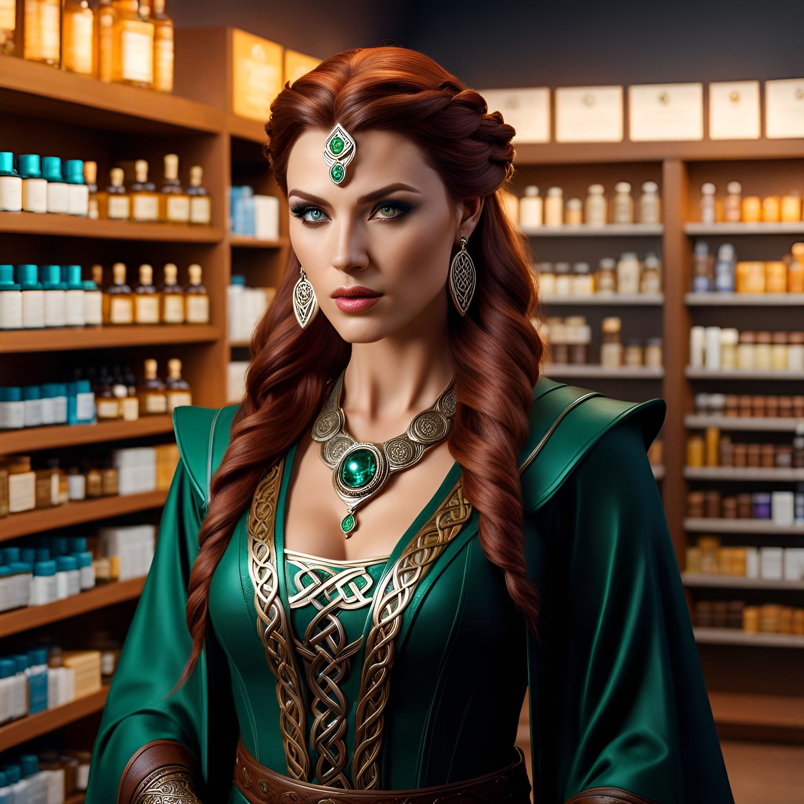 Celtic Sorceress in a Modern Pharmacy: Hyperrealistic Photo
