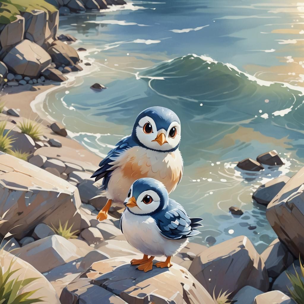 Adorable Piplup on Rocky Beach: Whimsical Illustration