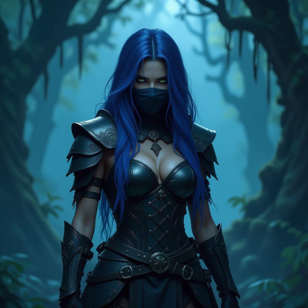 Warrior Woman with Blue Hair in Dark Fantasy Forest