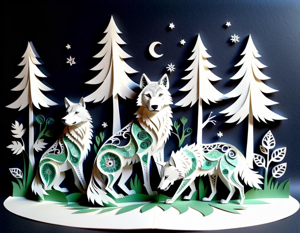 Kirigami Paper-Cut Art: Wolf Family Portrait