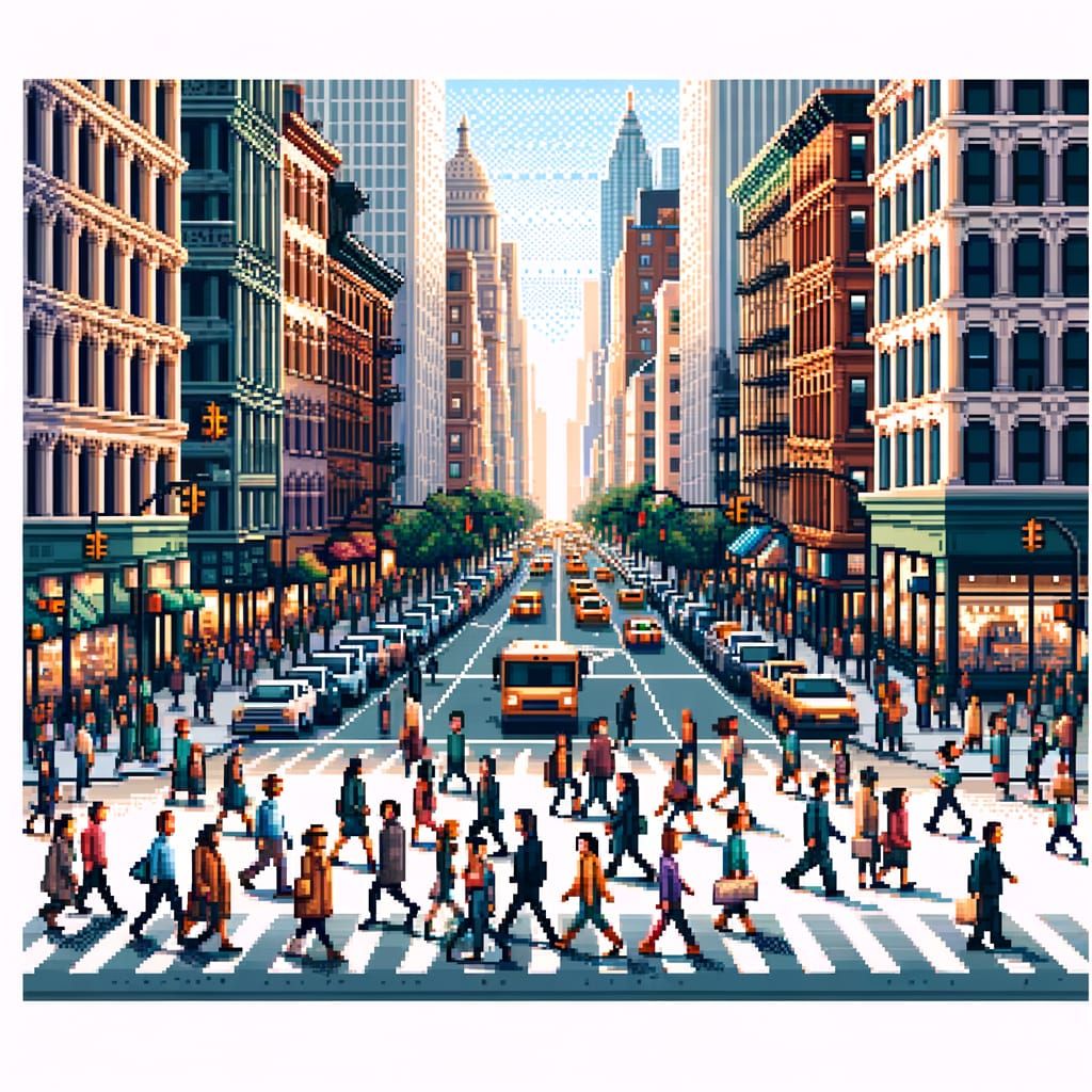 Bustling Cityscape in 8-Bit Pixel Art