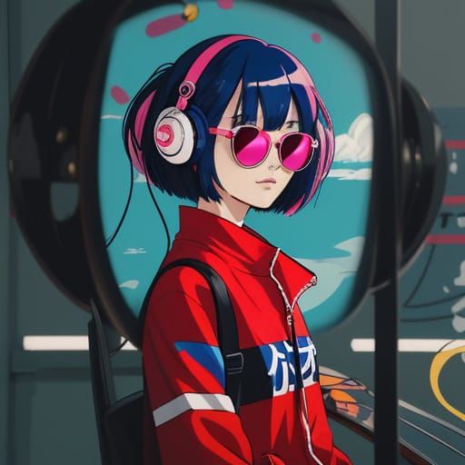 Chihiro in Vibrant Anime Style with Red Sunglasses and Headp...
