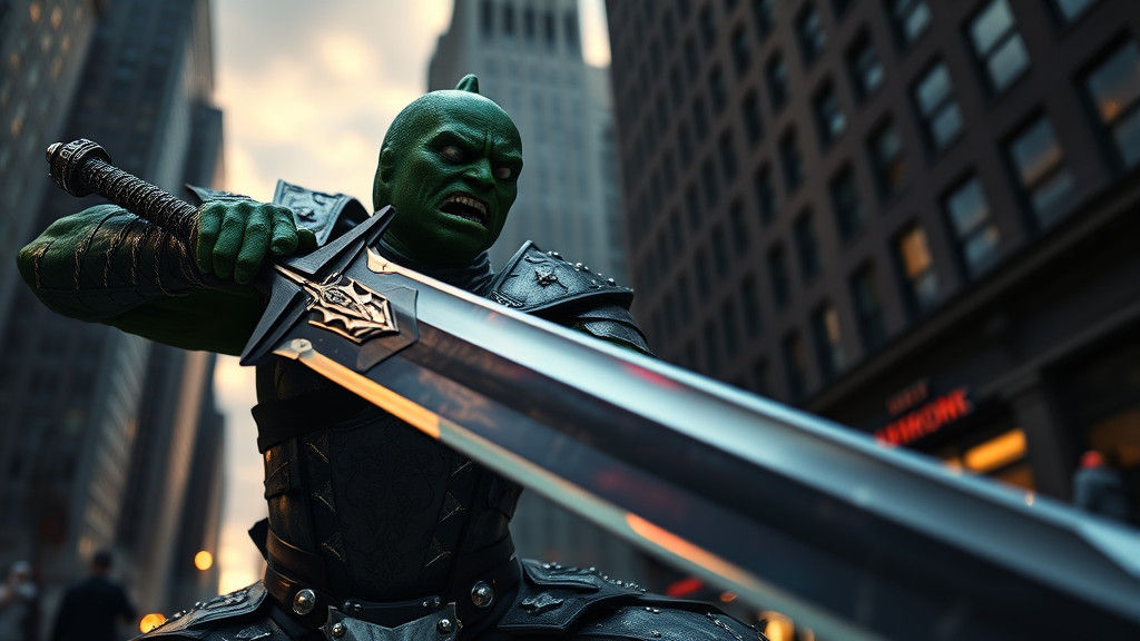 Fierce Pickle Cucumber Bodybuilder with Gothic Broadsword