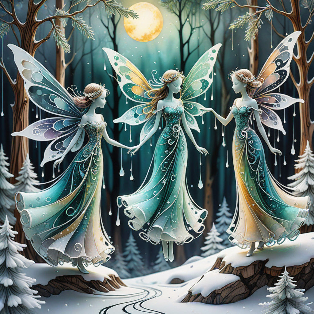 Whimsical Christmas Fairies Dance in Snowy Evergreen Forest