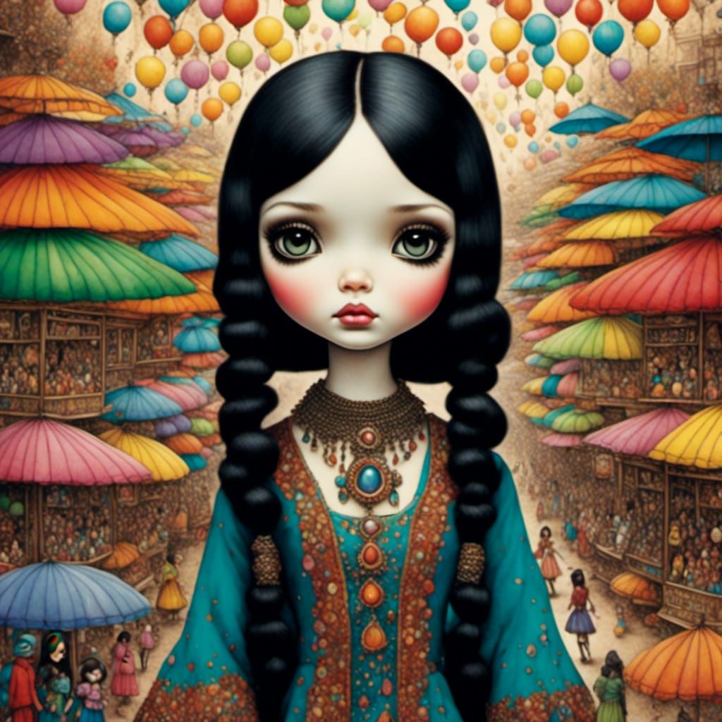 Indian Market Girl, Hypermodern Storybook Illustration