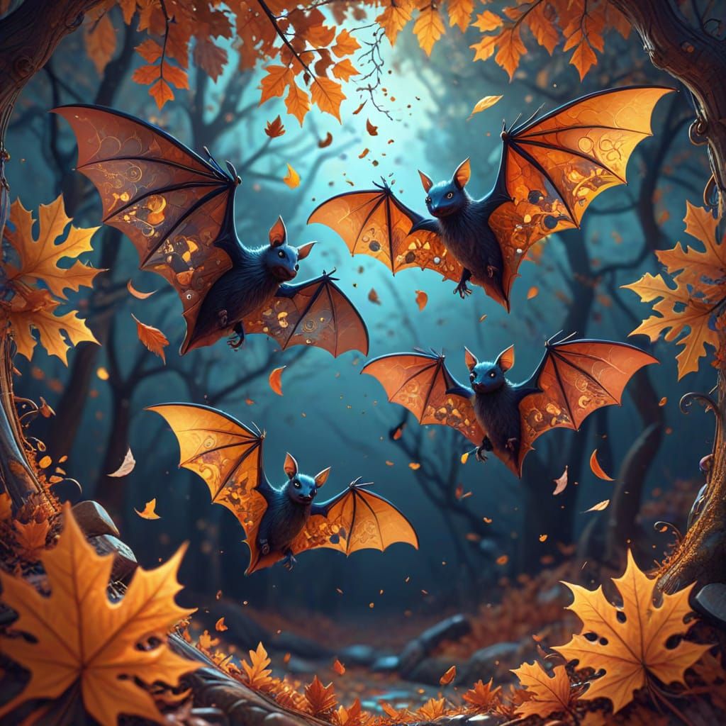Cute Bats Play With Autumn Leaves Fractal Art