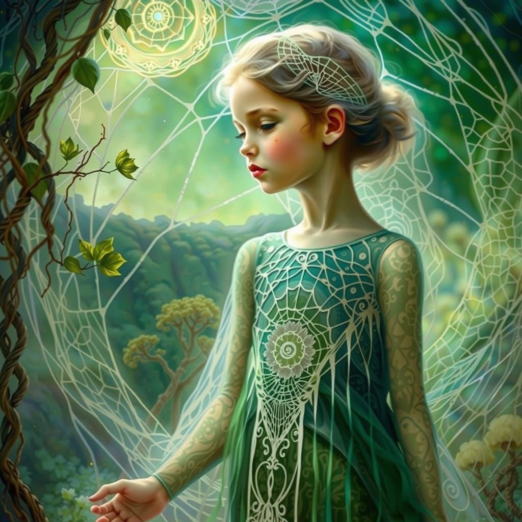 Child Dancer in Lush Garden with Botanical Details