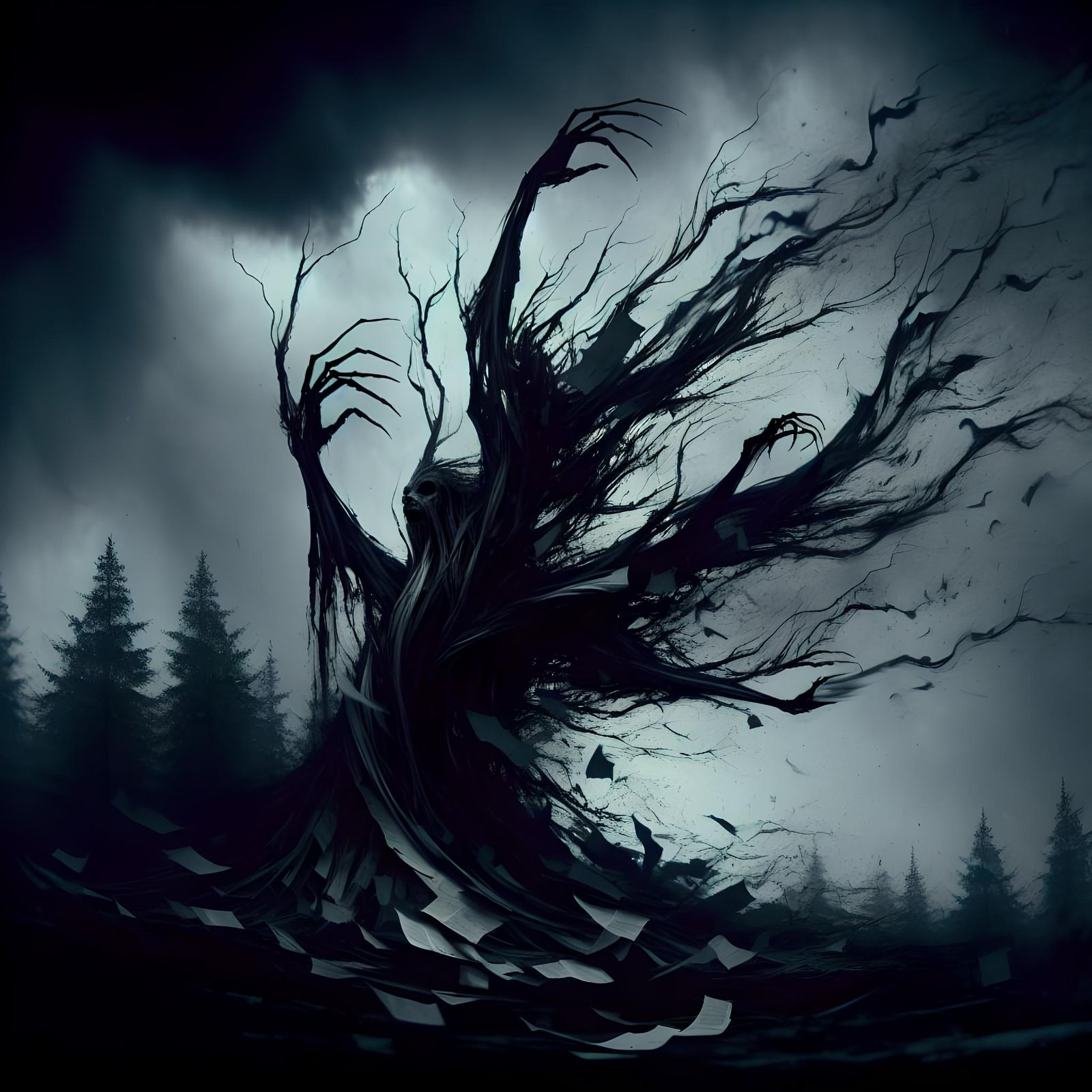 Macabre Forest Scene with Grotesque Tree and Dark Sky
