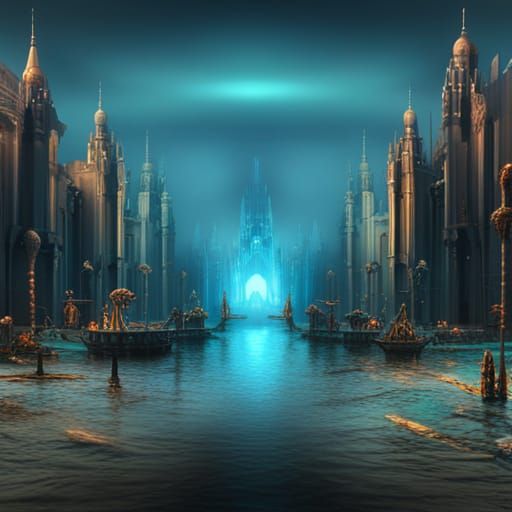 Mystical Atlantis City with Glowing Neon Artifacts