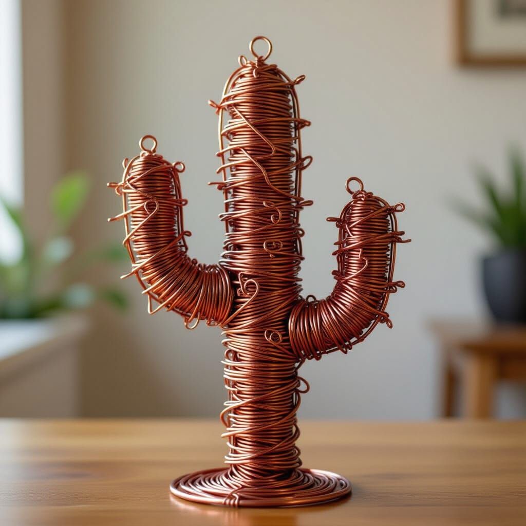 Intricate Copper Wire Cactus Sculpture