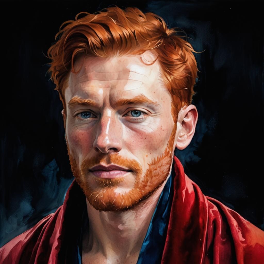 Ginger Haired Man in Red Bathrobe as Oil Painting