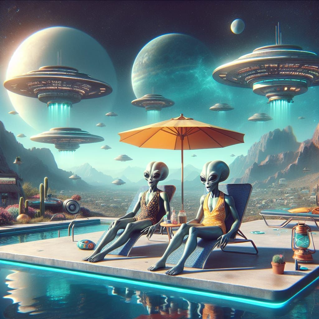Futuristic Aliens Soak Up Retro Sun in Vibrant Matte Paintin...
