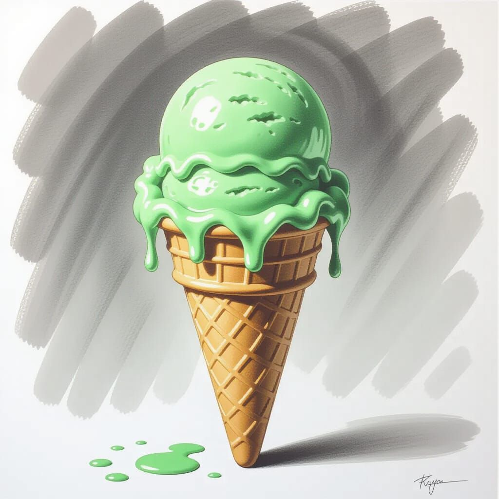 Hyperdetailed Charcoal Drawing of a Mint Green Ice Cream Con...
