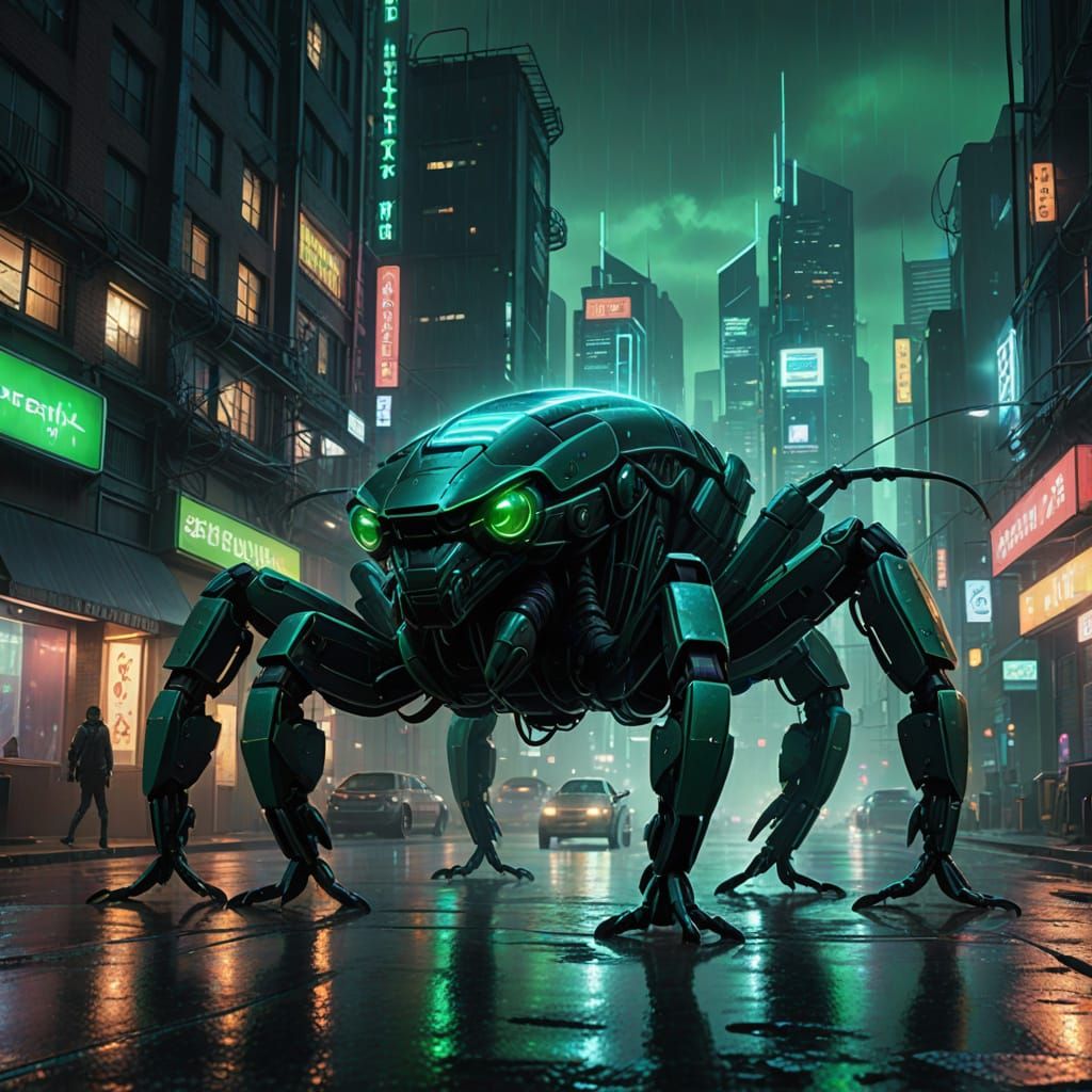 Bioluminescent Scorpion Crawls Through Cyberpunk City