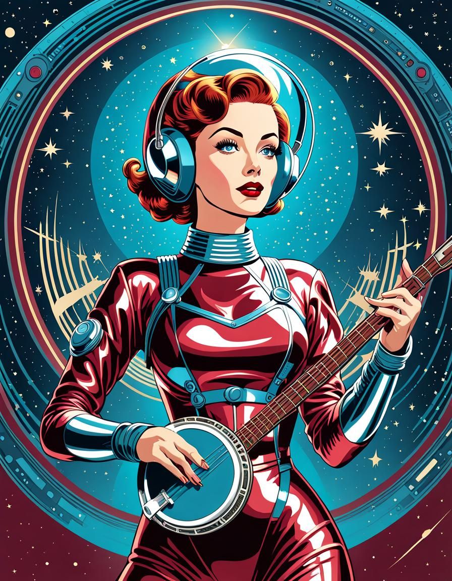 Retrofuturistic Banjo Player in Space, Vector Art