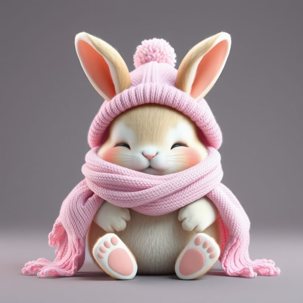 Chubby Bunny in Pink Scarf: 3D Anime Art