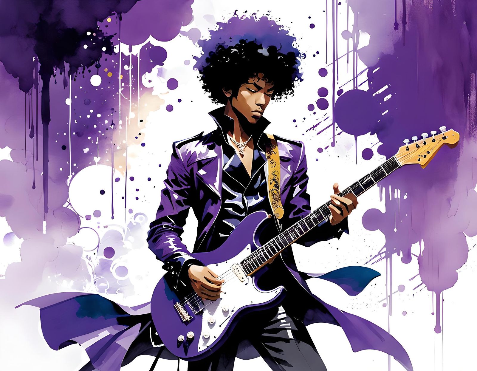 Prince Guitar Portrait in Manga Watercolor Style