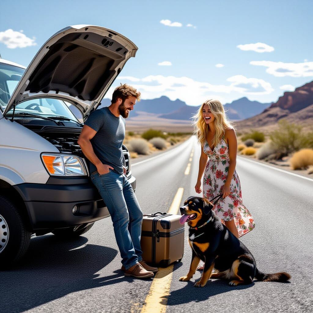 Man's Van Breakdown, Woman Laughs, Dog Relaxes