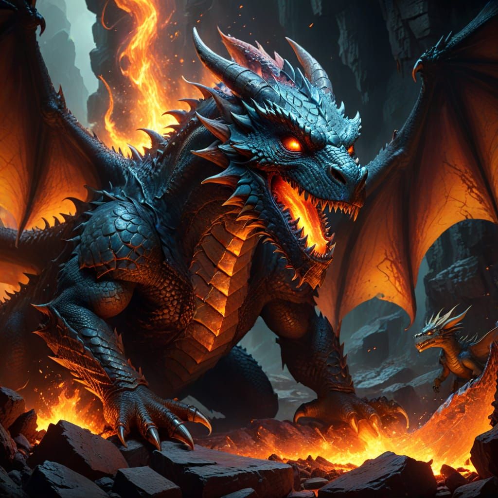 Dragon and Minions in Ominous Cavern: Digital Art