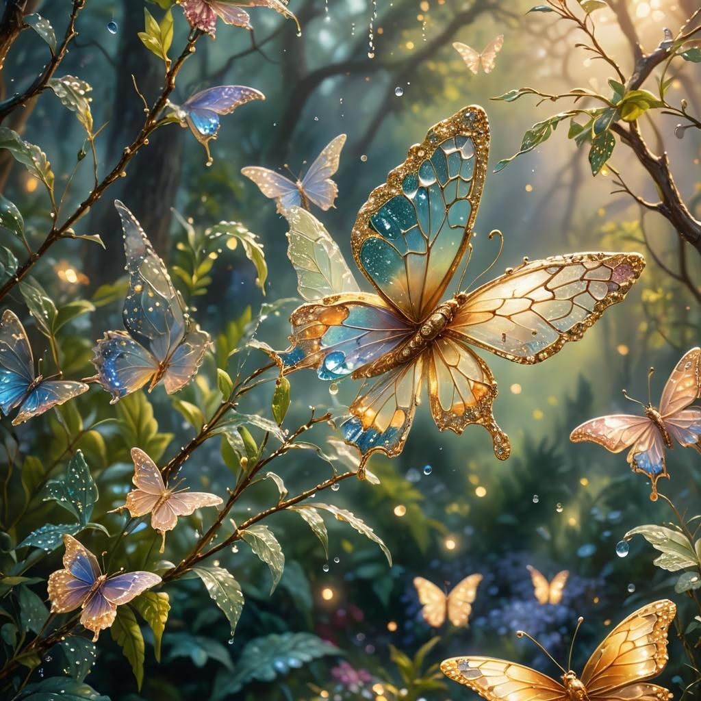 Crystallized Butterfly in Misty Garden: Ethereal Oil Paintin...