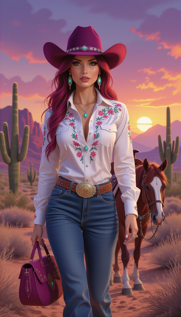 Beautiful Cowgirl and Horse in Arizona Desert Fantasy Art