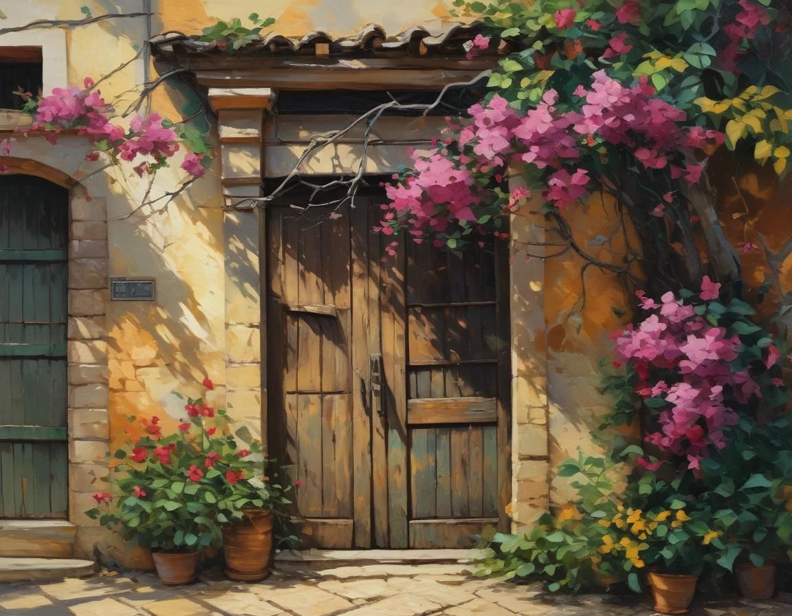 Village Door with Bougainvillea as Impasto Oil Painting