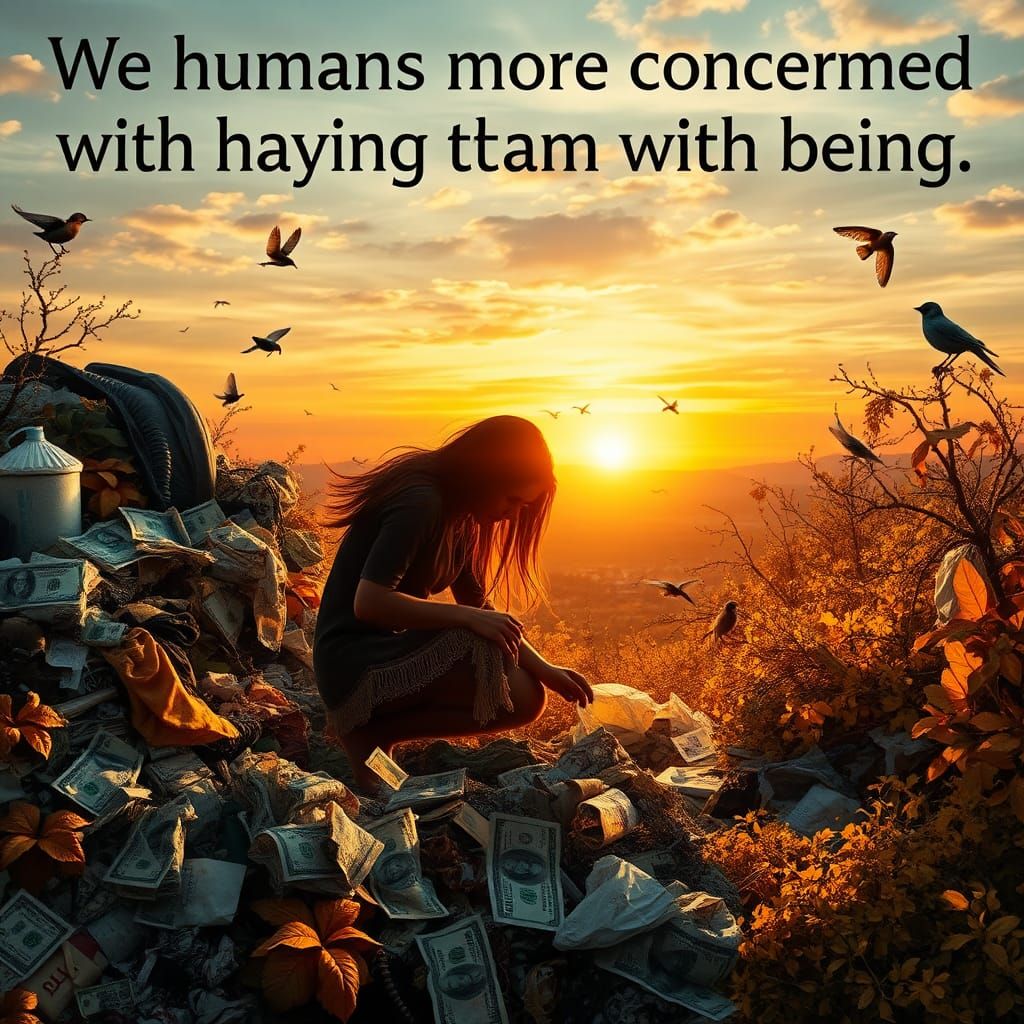 Garbage Collage with Kneeling Figure at Sunset