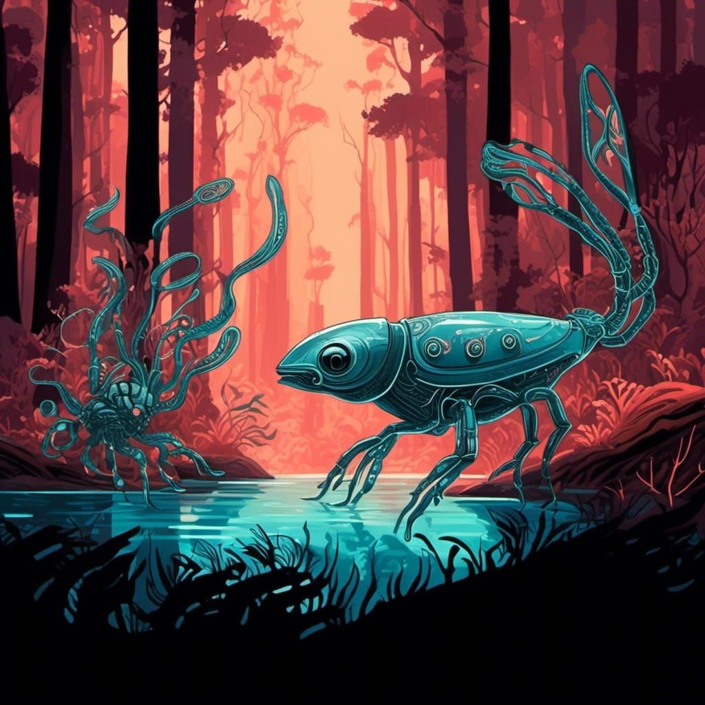 Cyborg Pets in Biomechanical Forest, Hand-Drawn
