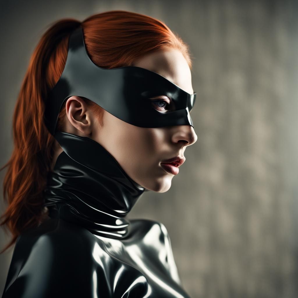 Redhead in Latex Cowl and Mask, Dramatic Lighting