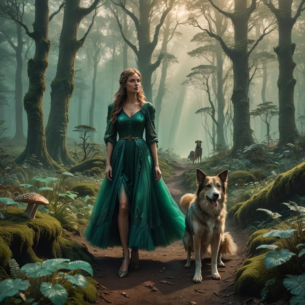 Girl and Iridescent Dog in Misty Forest