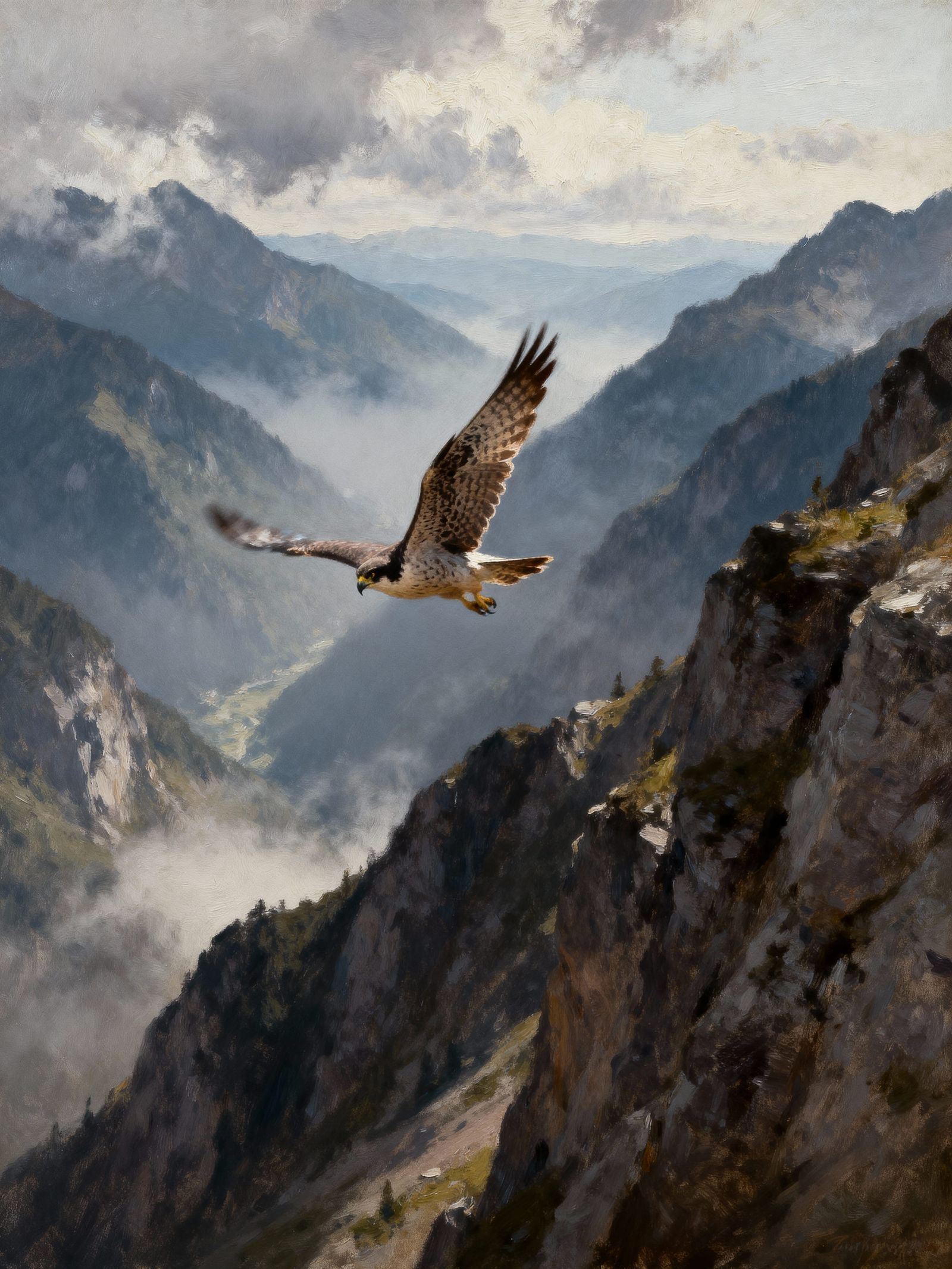 Majestic Falcon Soars Over Mountain Landscape in Oil Paintin...